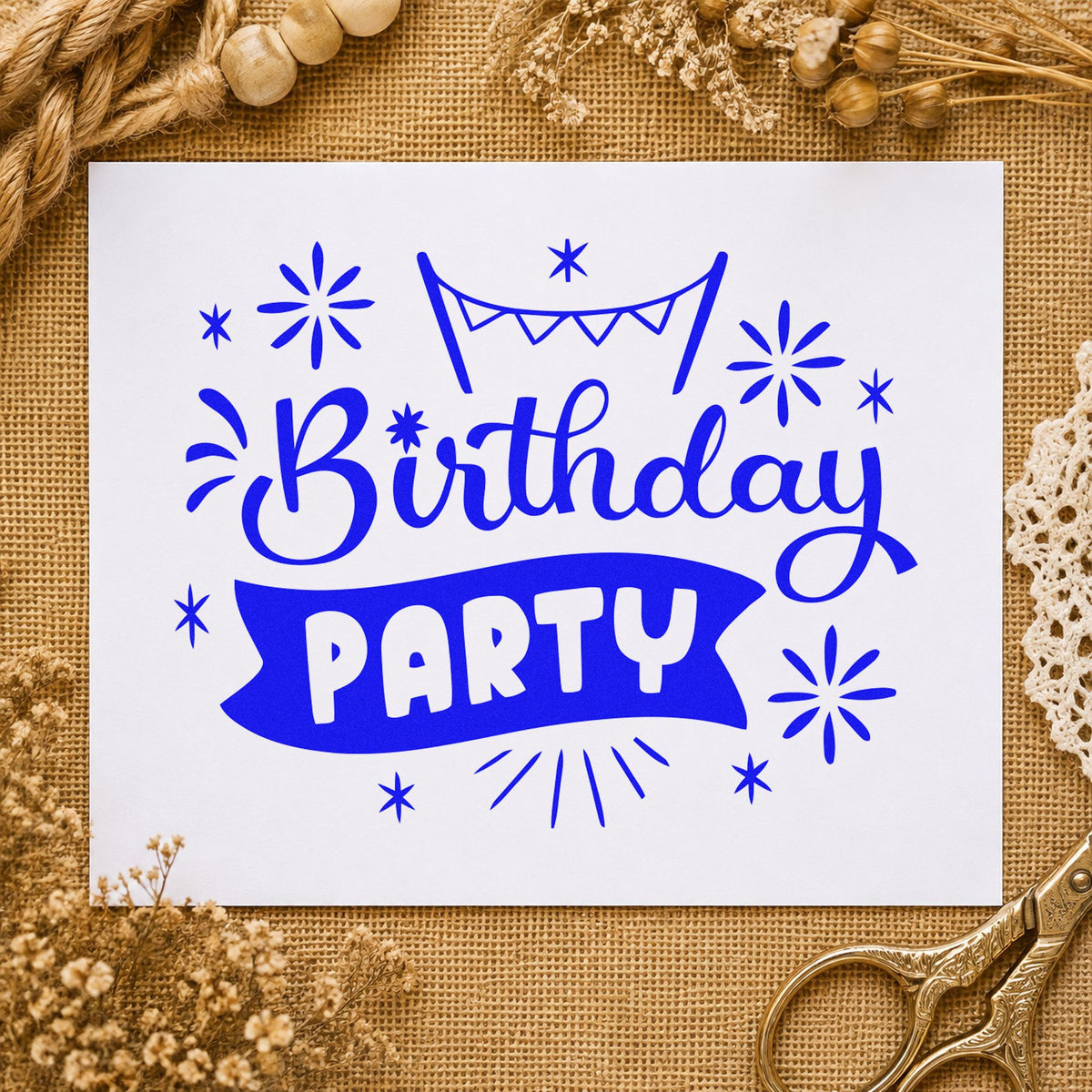 Birthday Party Bunting Banner craft stamp in blue ink on cardstock, an easy option for stall cloth printing.