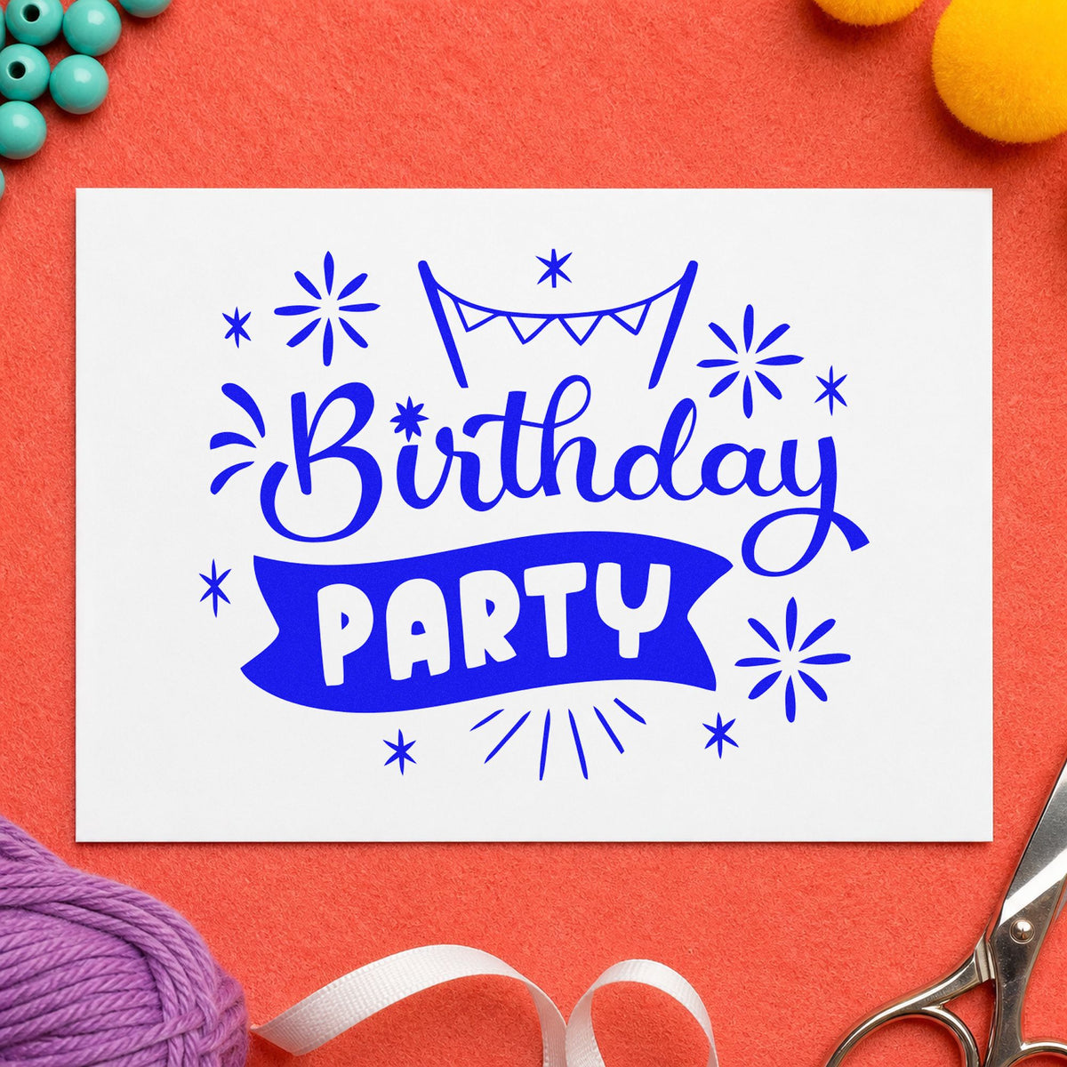 Birthday Party Bunting Banner craft stamp imprinted in blue ink on paper, a design suited to framed school hall.