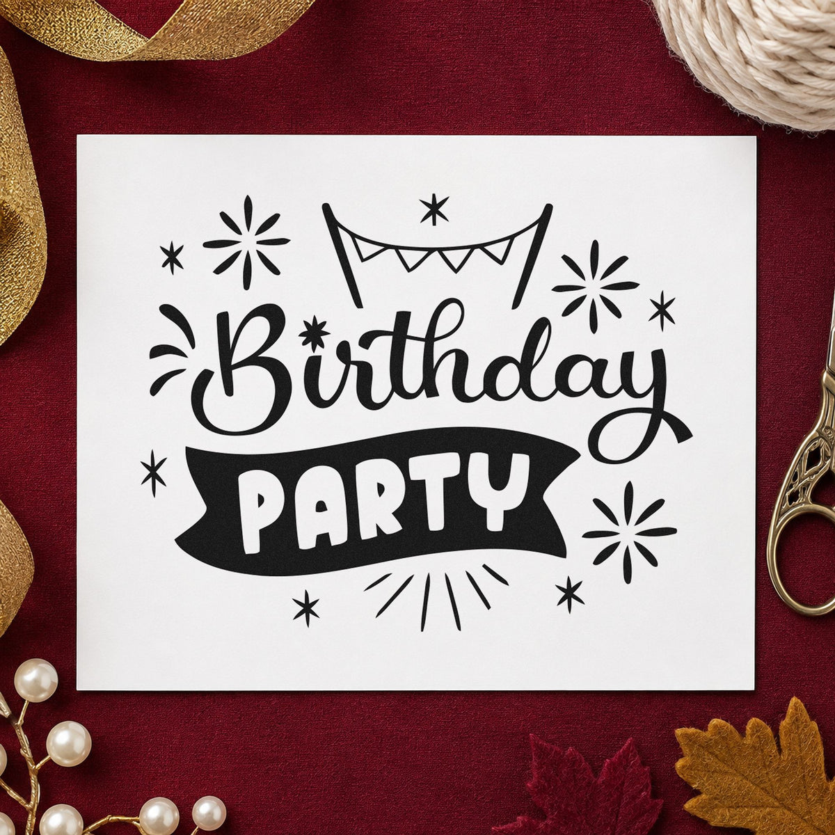Birthday Party Bunting Banner rubber stamp printed in black ink, ready for starburst bunting cards and similar paper crafts.