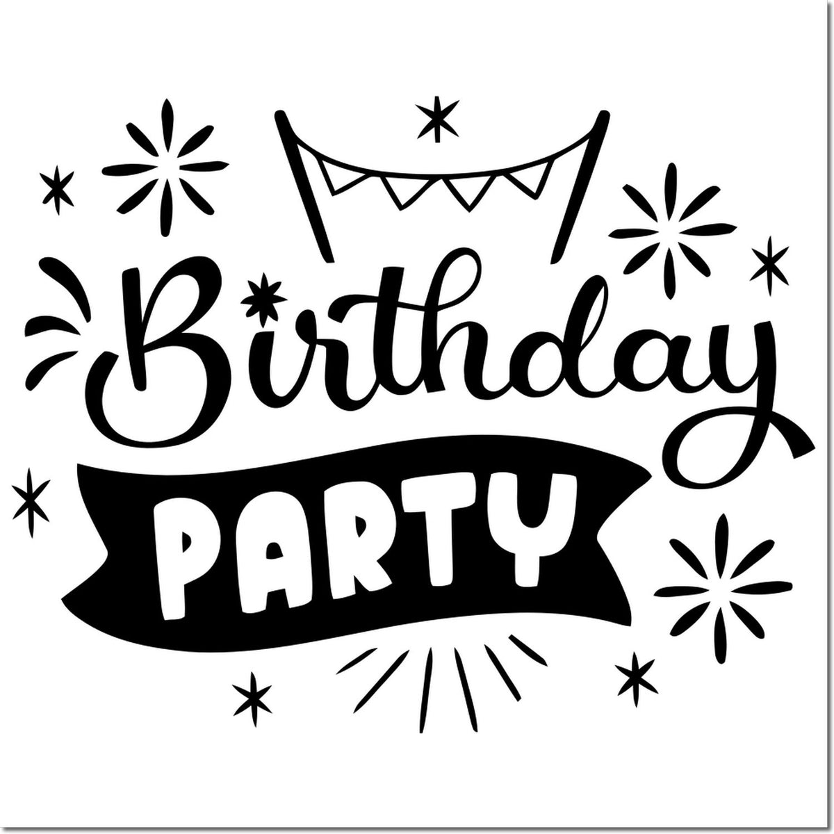 Black birthday party stamp and seal design with stars, banner, and bold black lettering on white background.