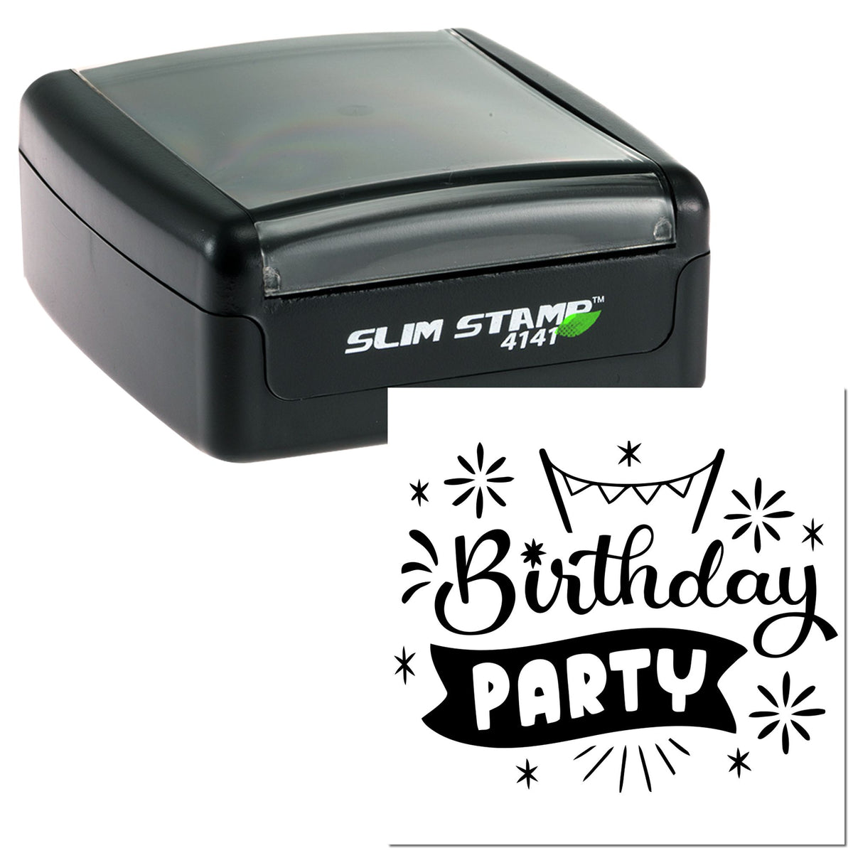 Black slim self-inking stamp with birthday party seal design and stars