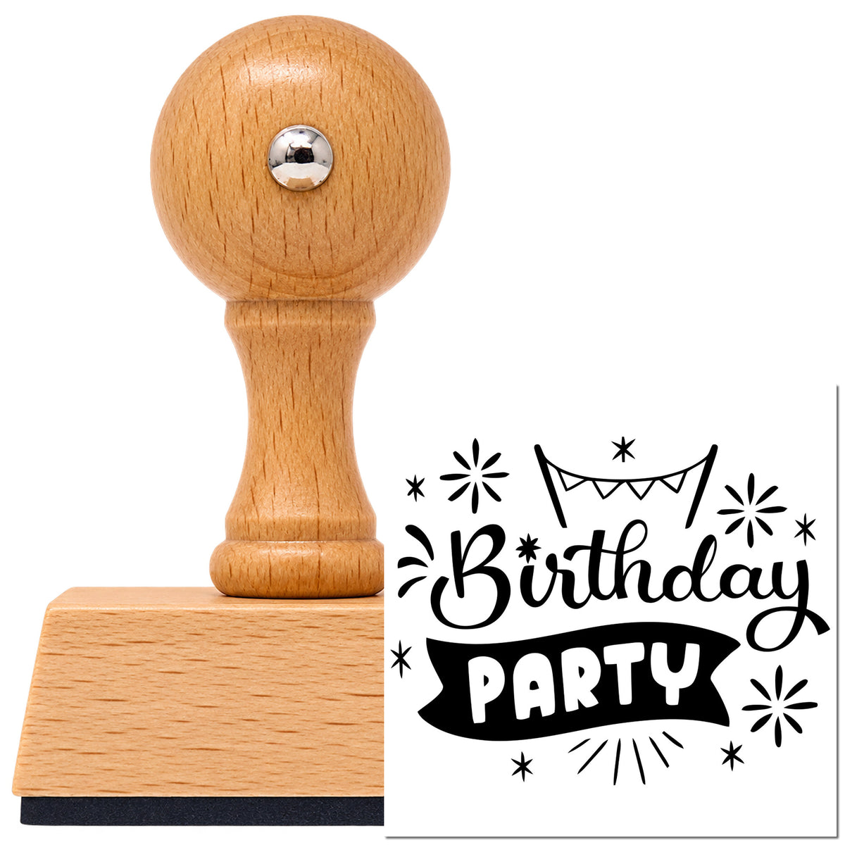 Vintage Pro beech wood stamp with a round knob handle, shown with its black Birthday Party Bunting Banner imprint on white.