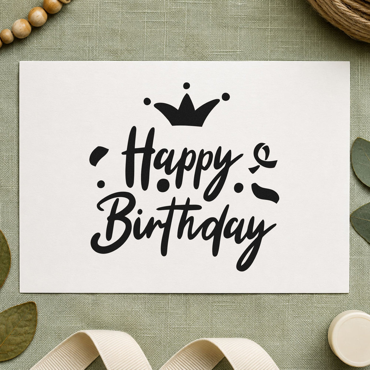 Birthday Crown Confetti Script rubber stamp printed in black ink, ready for chair book sheet and similar paper crafts.