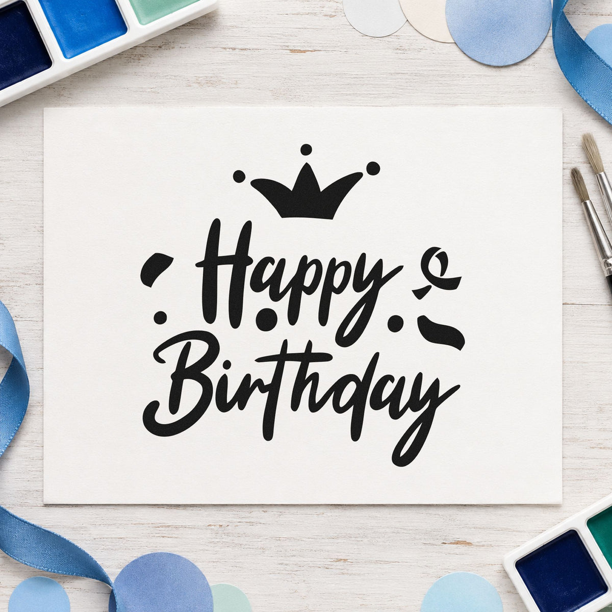 Birthday Crown Confetti Script rubber stamp printed in black ink, ready for small crown cards and similar paper crafts.