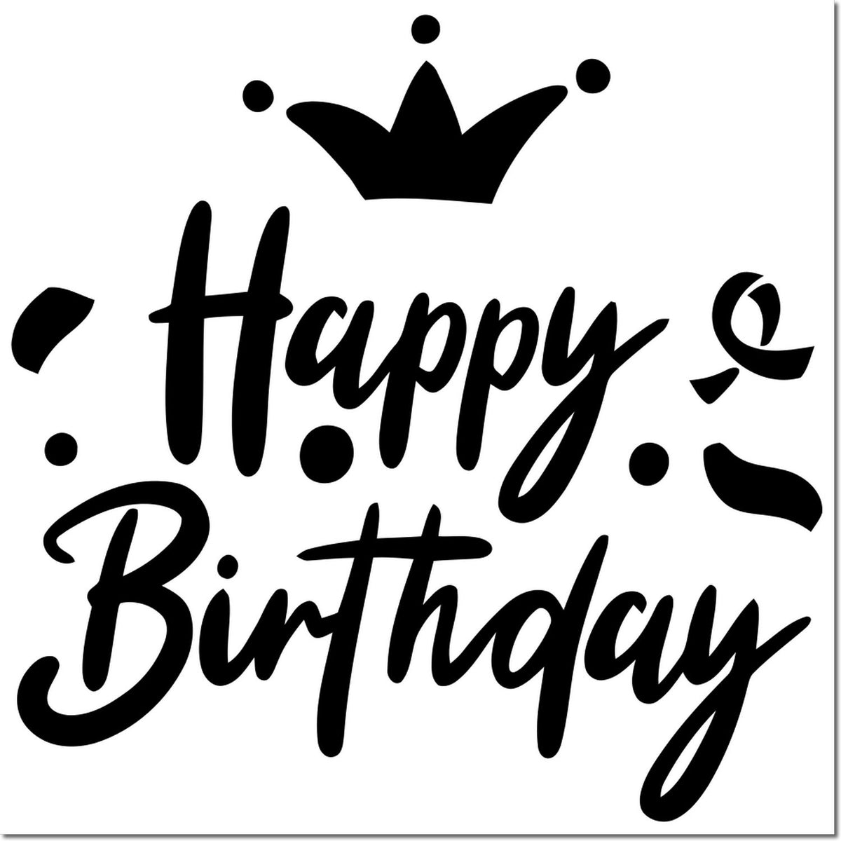 Black Happy Birthday stamp design with crown and confetti accents, for custom seal or gift packaging.