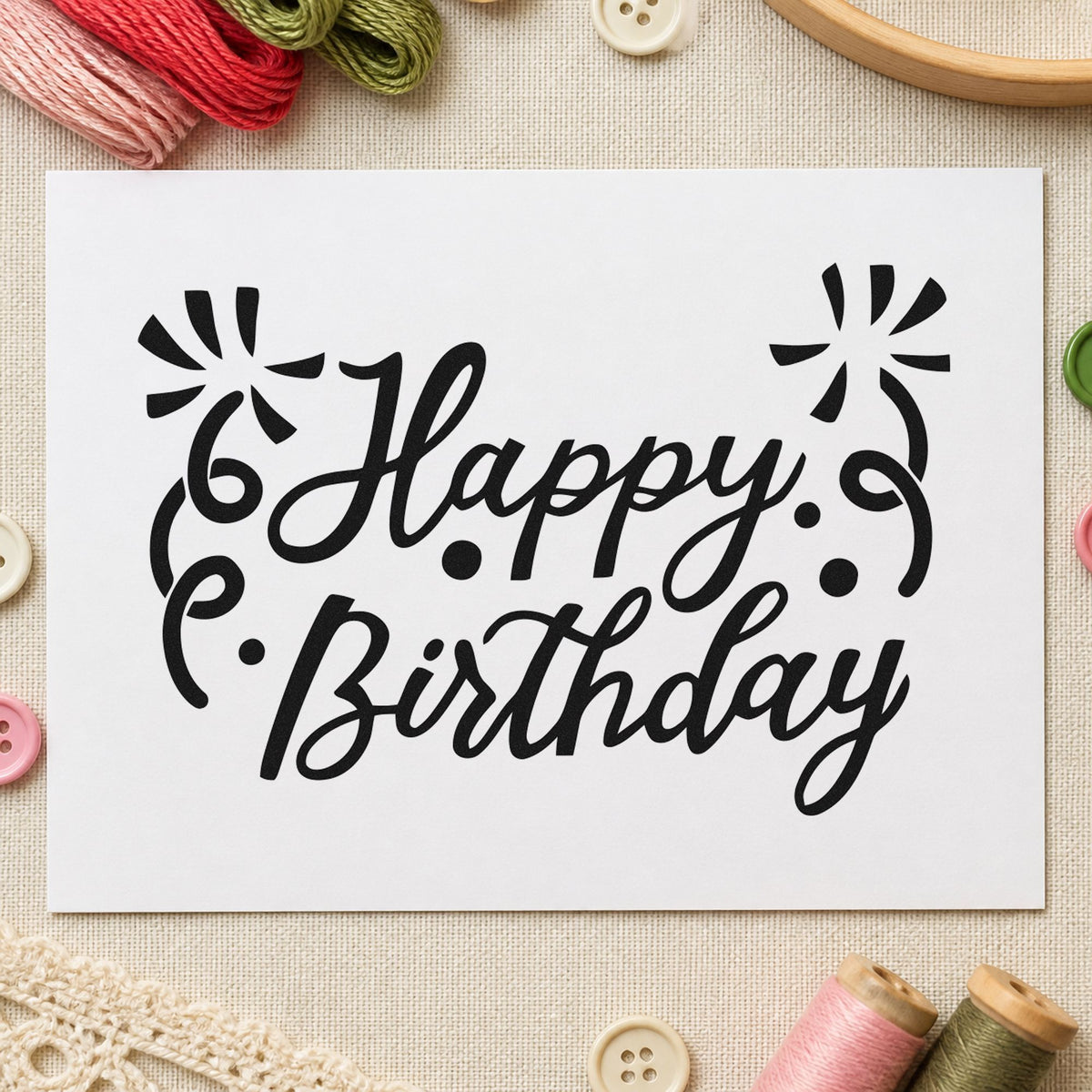 Birthday Script Corner Flourishes craft stamp in black ink on cardstock, an easy option for portrait album page.