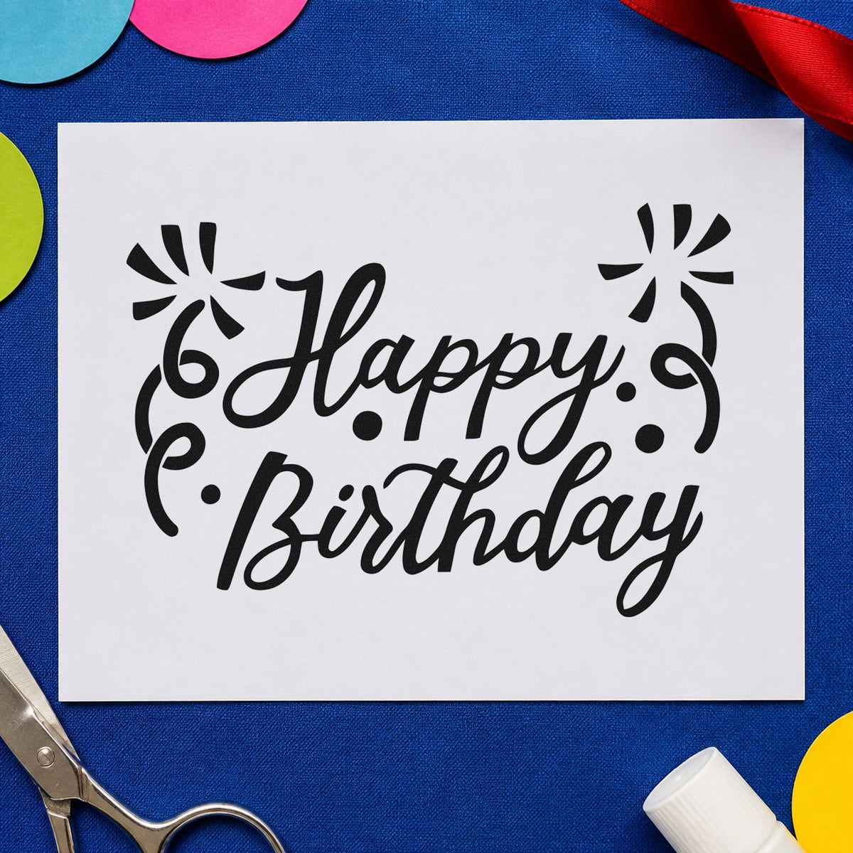 Birthday Script Corner Flourishes craft stamp imprint in black ink on a handmade project, one idea being print folder gift tags.