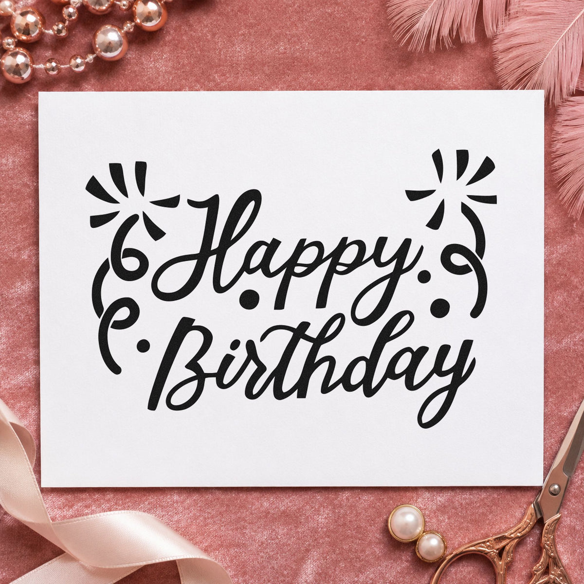 Birthday Script Corner Flourishes rubber stamp printed in black ink, ready for session plan sheet and similar paper crafts.