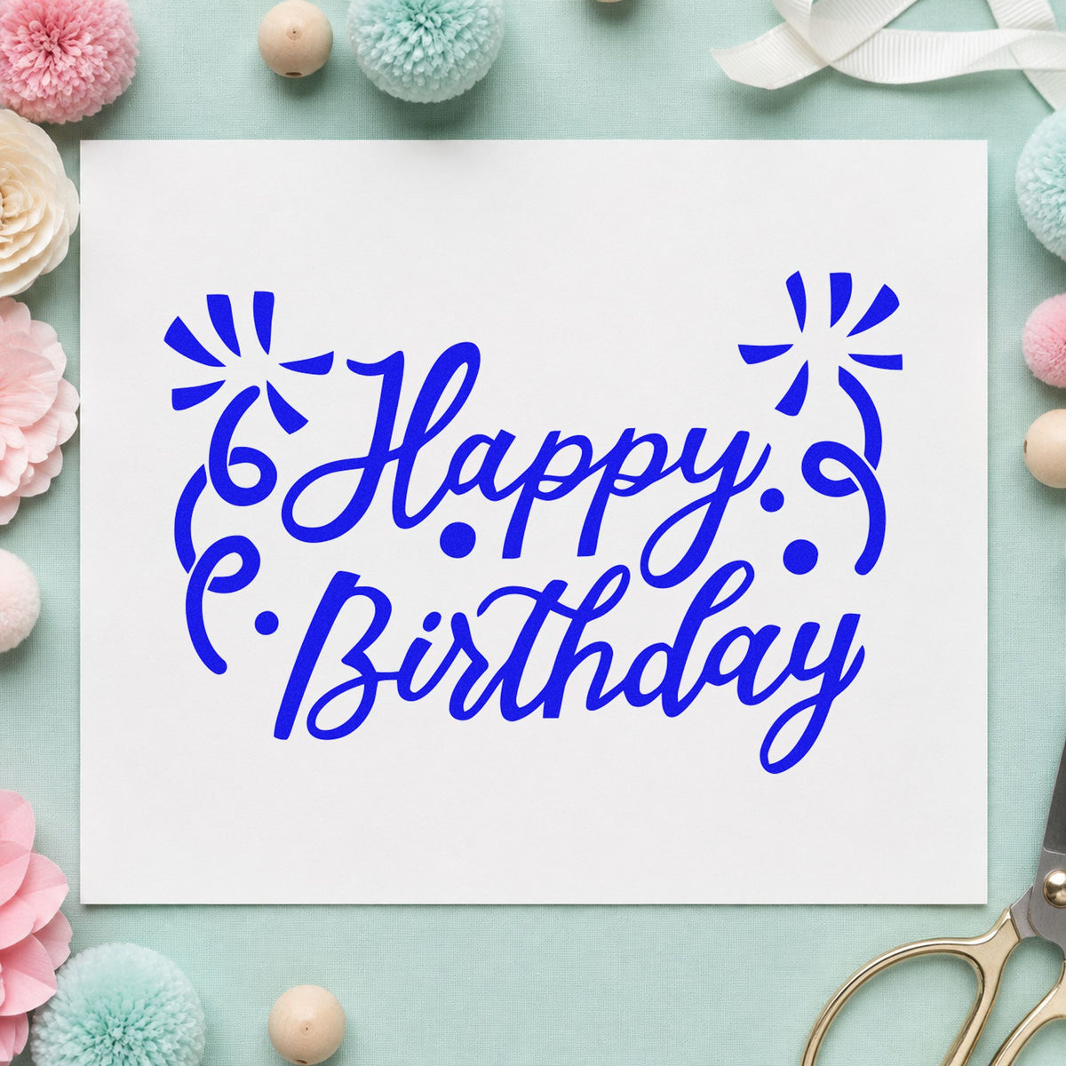 Birthday Script Corner Flourishes craft stamp imprinted in blue ink on paper, a design suited to framed studio wall.