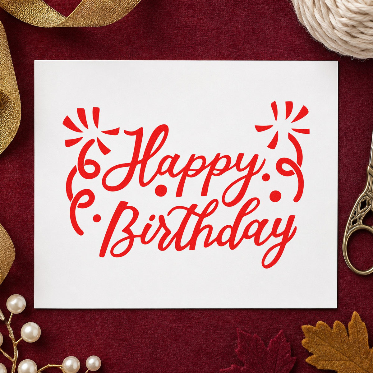 Birthday Script Corner Flourishes rubber stamp shown in red ink, stamped for projects such as drawer order labels.