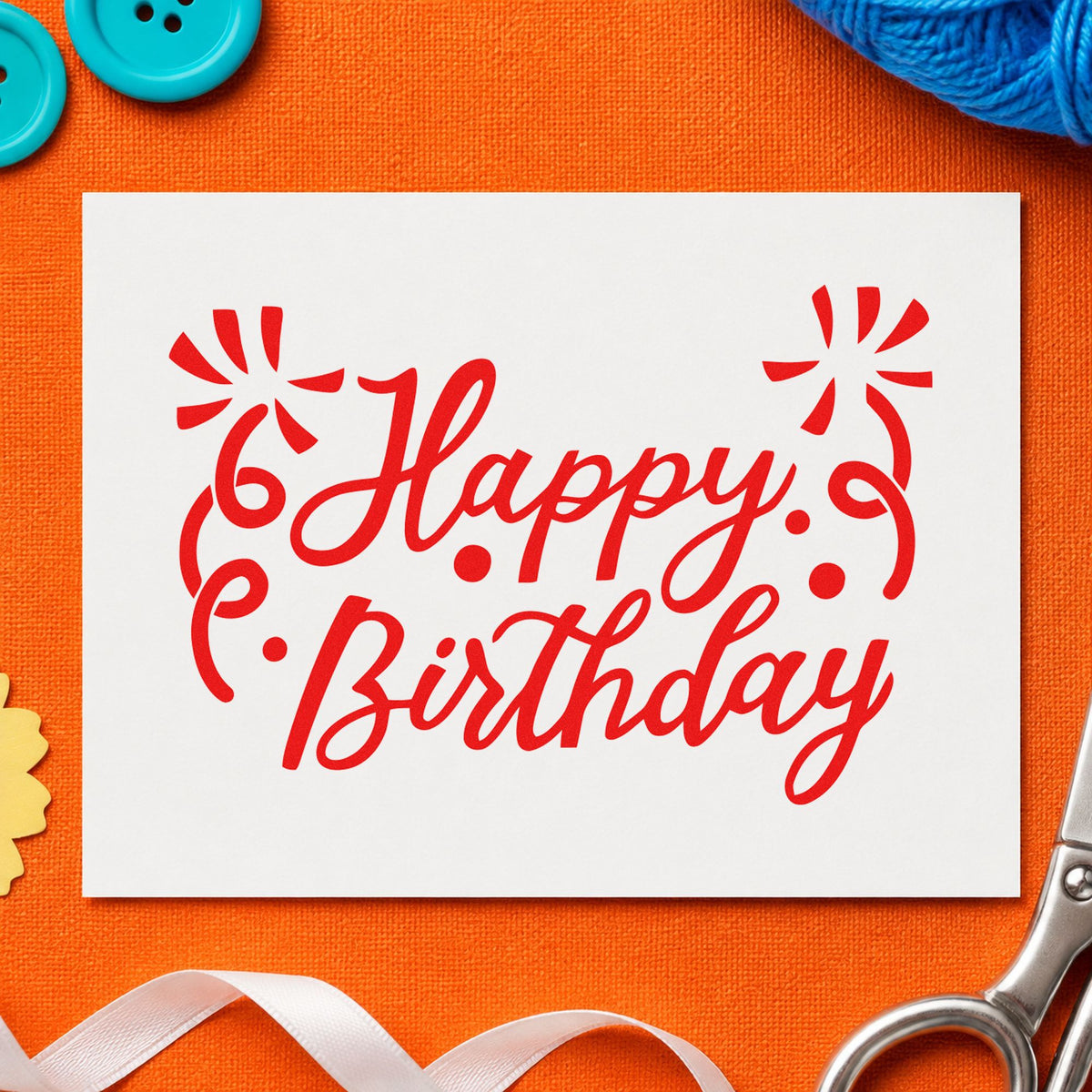 Birthday Script Corner Flourishes craft stamp imprint in red ink on a handmade project, one idea being proof pick cards.
