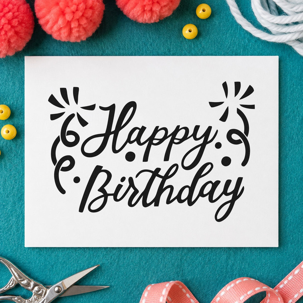 Birthday Script Corner Flourishes rubber stamp printed in black ink, ready for curled corner cards and similar paper crafts.
