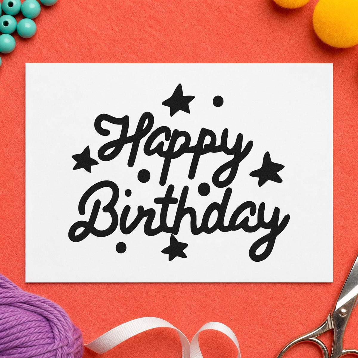 Happy Birthday Stars Dots rubber stamp printed in black ink, ready for trip plan sheet and similar paper crafts.