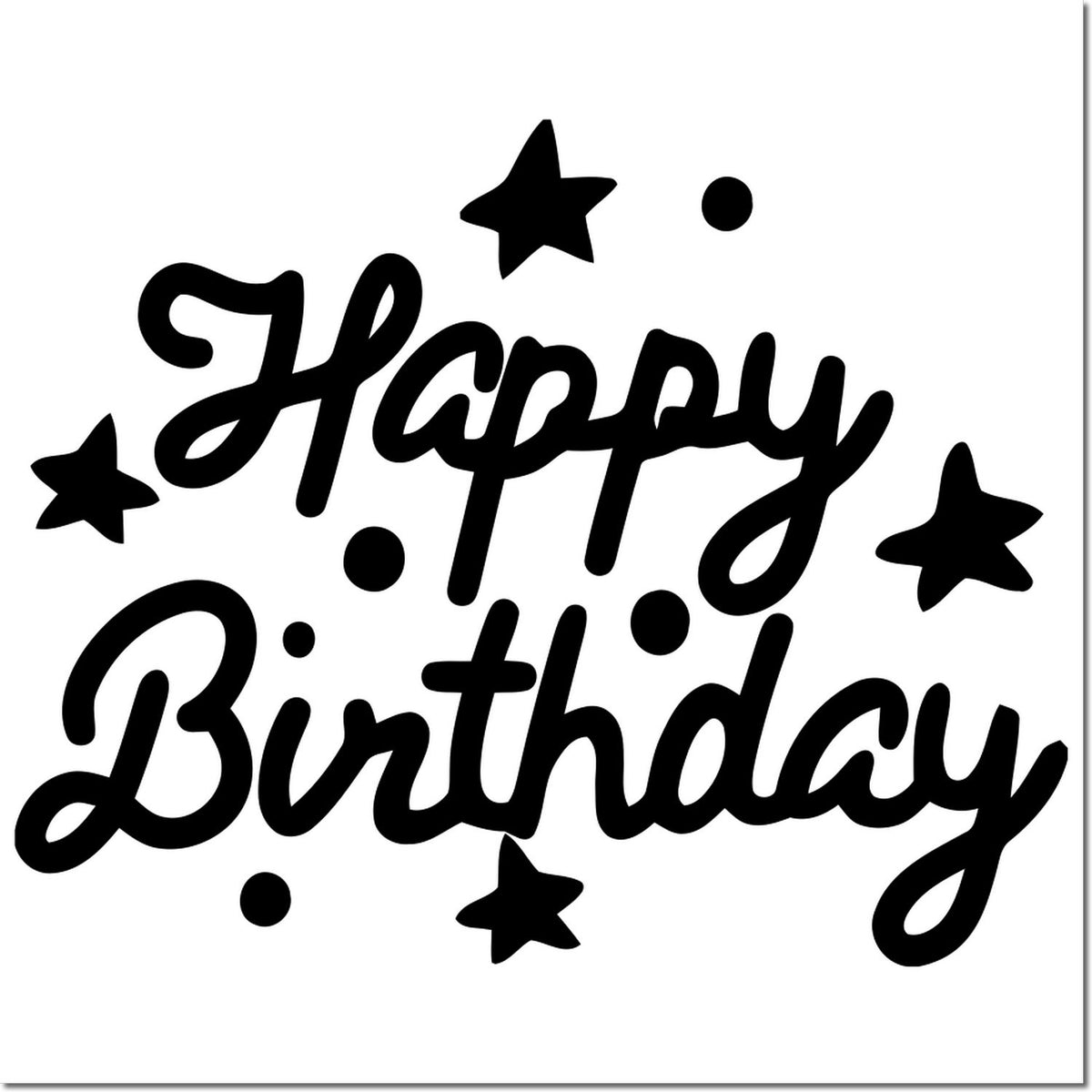 Black Happy Birthday stamp seal with stars and dots on a white background.