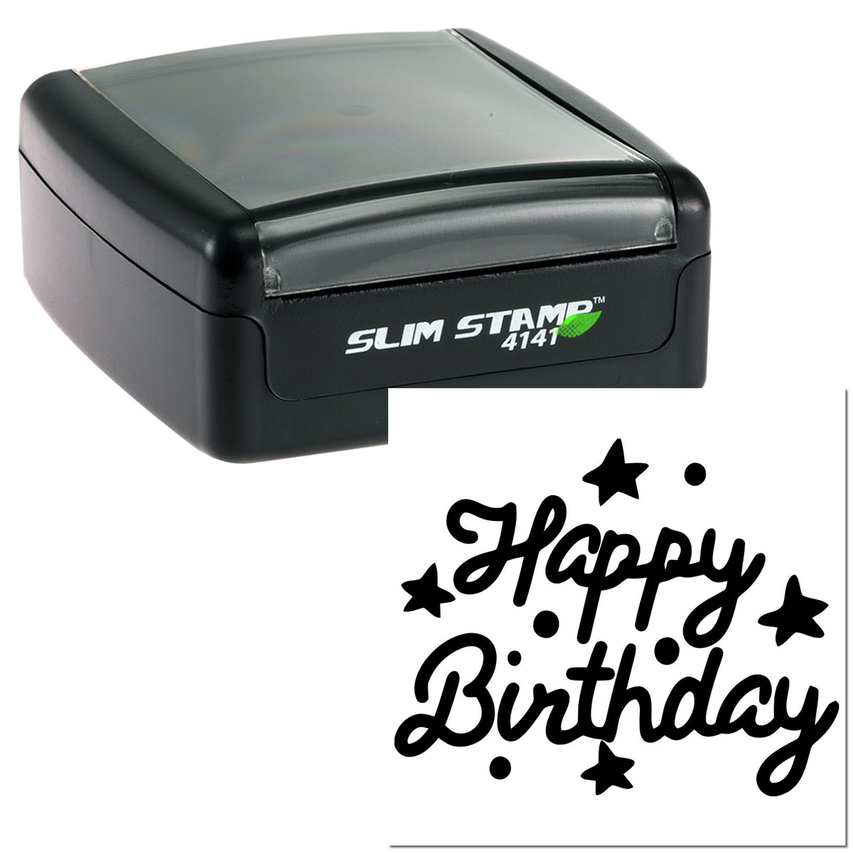 Black slim self-inking stamp with clear seal imprint reading Happy Birthday and stars