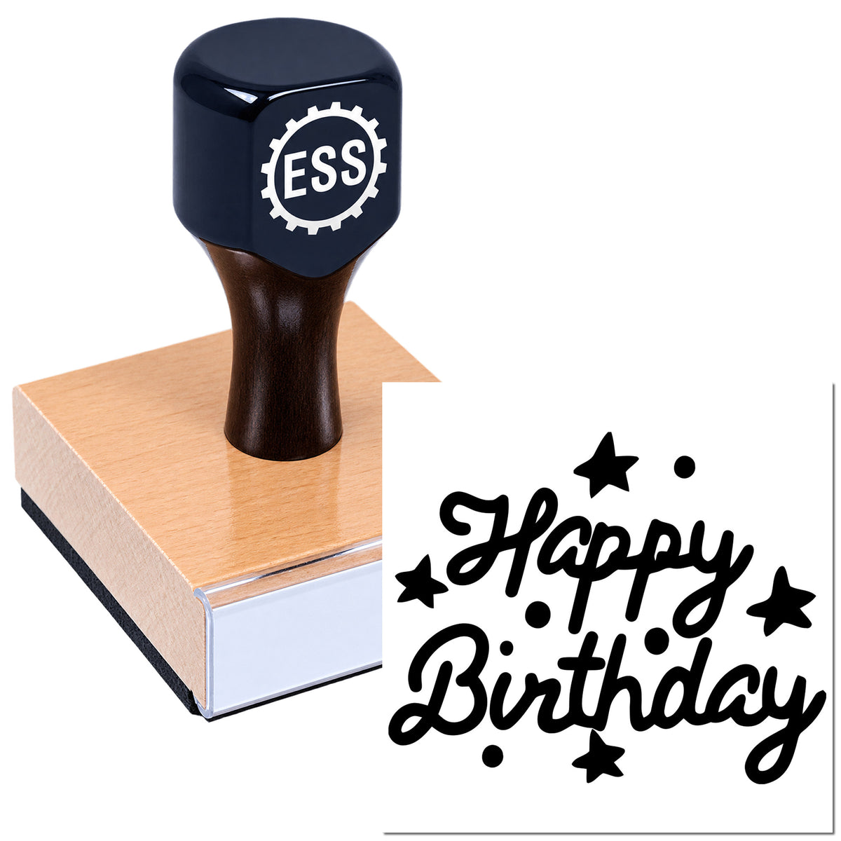 Dark navy ESS custom stamp on pink wooden block, with black "Happy Birthday" seal design and stars on white background.