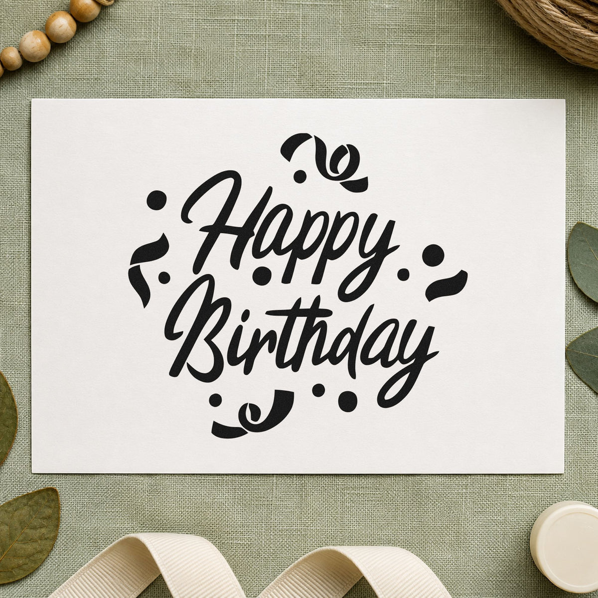 Birthday Script Curled Confetti craft stamp in black ink on cardstock, an easy option for farm party album page.