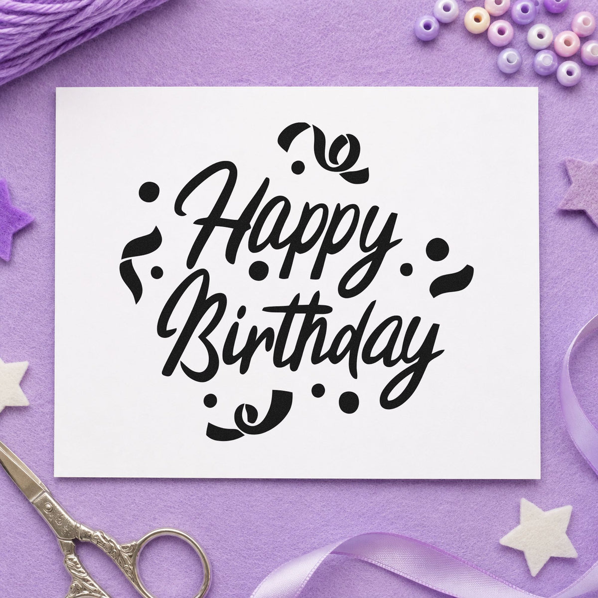 Birthday Script Curled Confetti craft stamp imprint in black ink on a handmade project, one idea being feed cup gift tags.