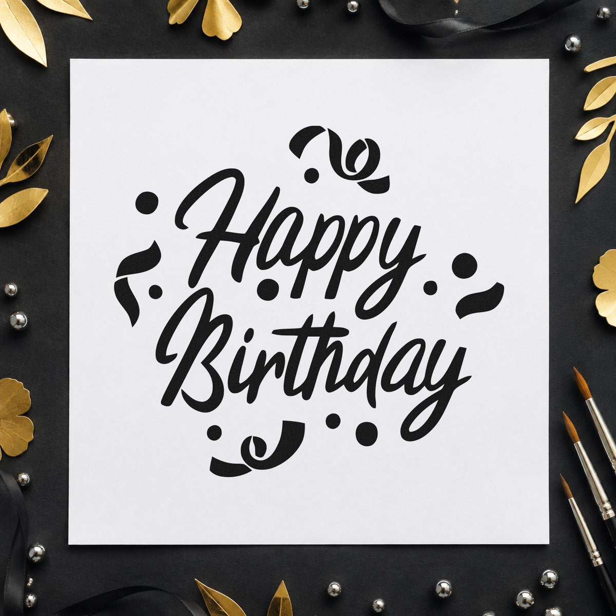 Birthday Script Curled Confetti rubber stamp printed in black ink, ready for visit plan sheet and similar paper crafts.