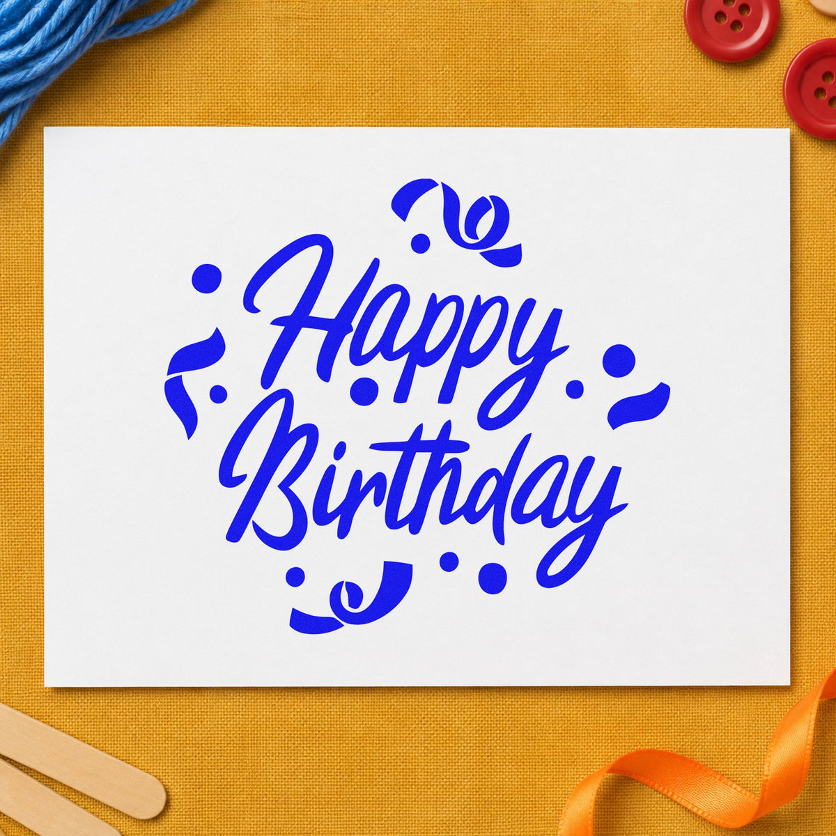 Birthday Script Curled Confetti craft stamp in blue ink on cardstock, an easy option for barn bunting printing.