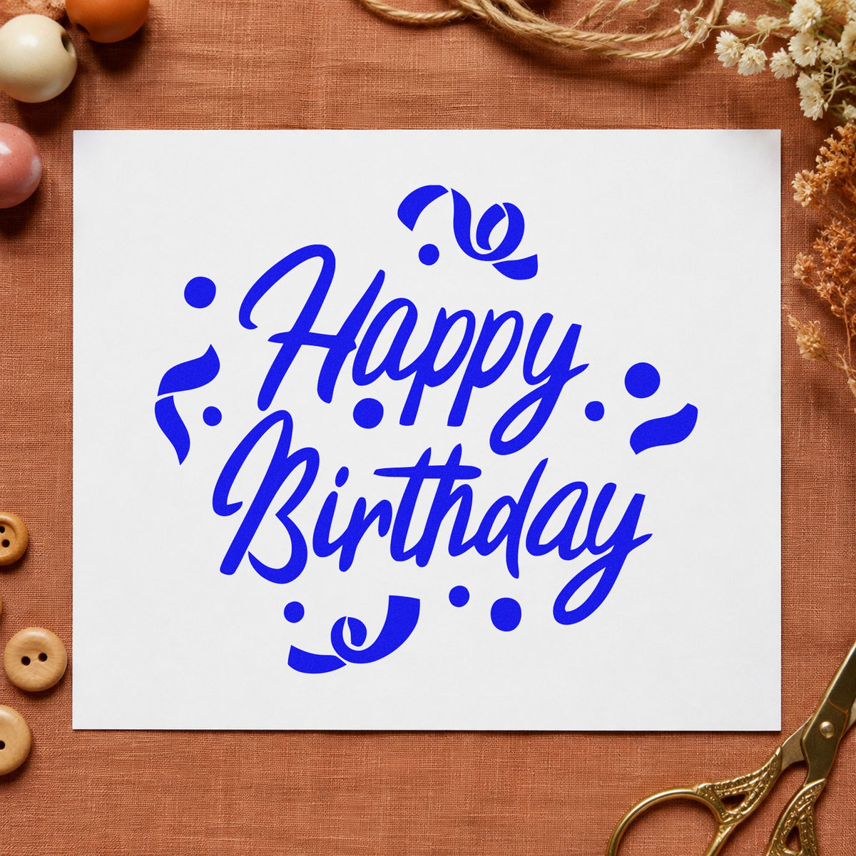 Birthday Script Curled Confetti craft stamp imprinted in blue ink on paper, a design suited to framed barn door.