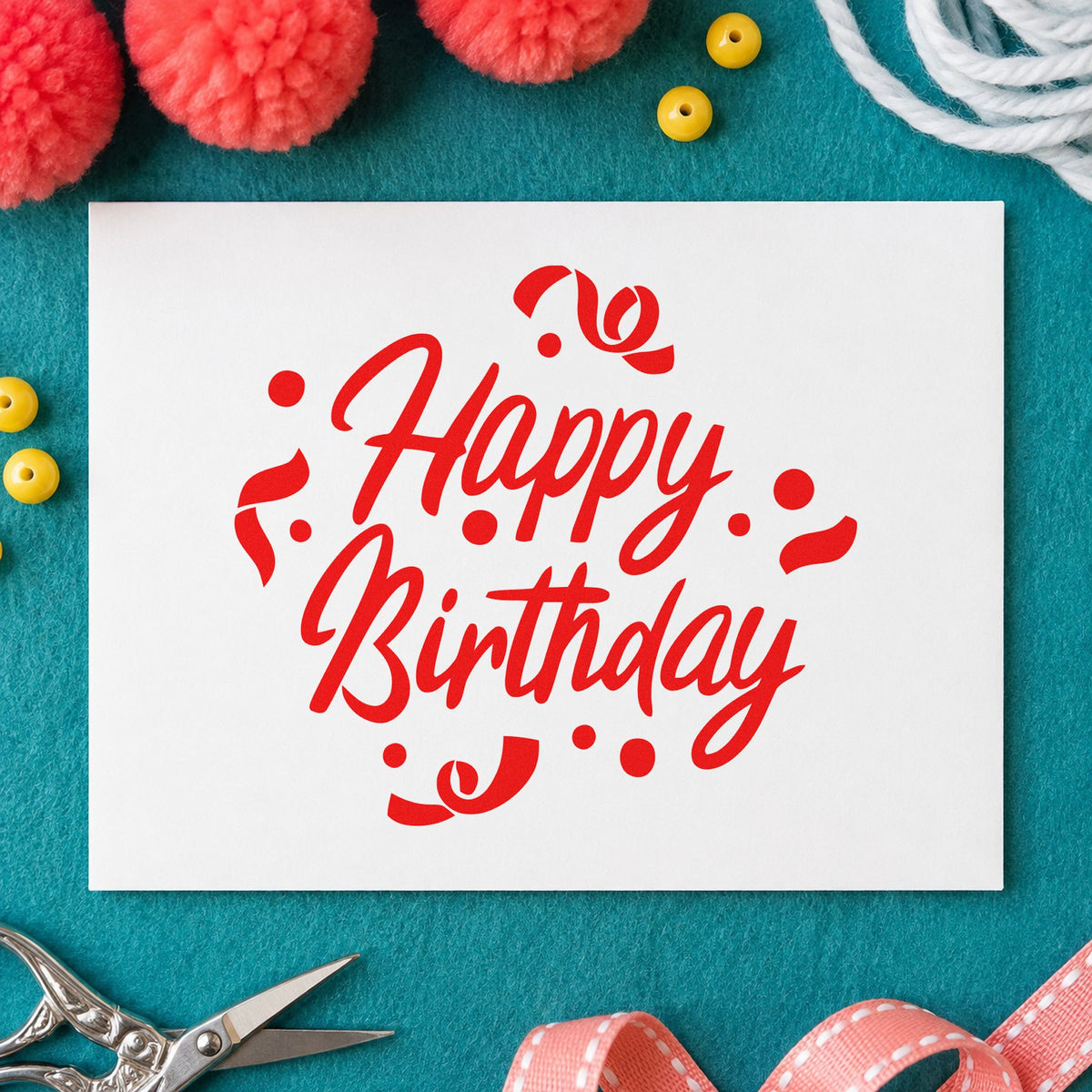 Birthday Script Curled Confetti rubber stamp shown in red ink, stamped for projects such as bin boot labels.