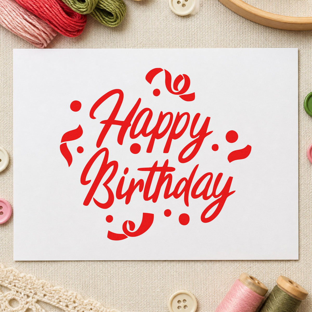 Birthday Script Curled Confetti craft stamp imprint in red ink on a handmade project, one idea being animal fact cards.