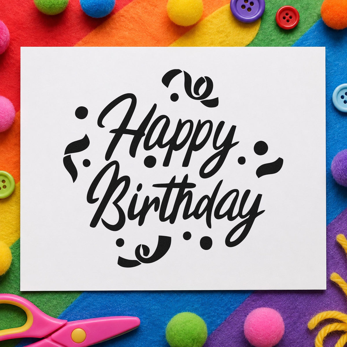 Birthday Script Curled Confetti rubber stamp printed in black ink, ready for curled streamer cards and similar paper crafts.
