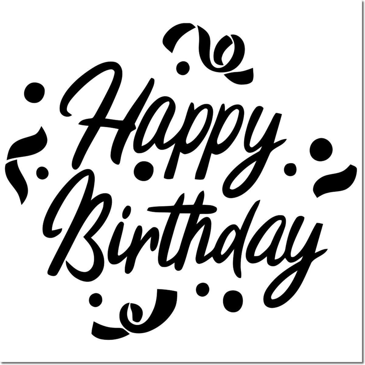 Black Happy Birthday stamp seal with decorative confetti swirls on a white background