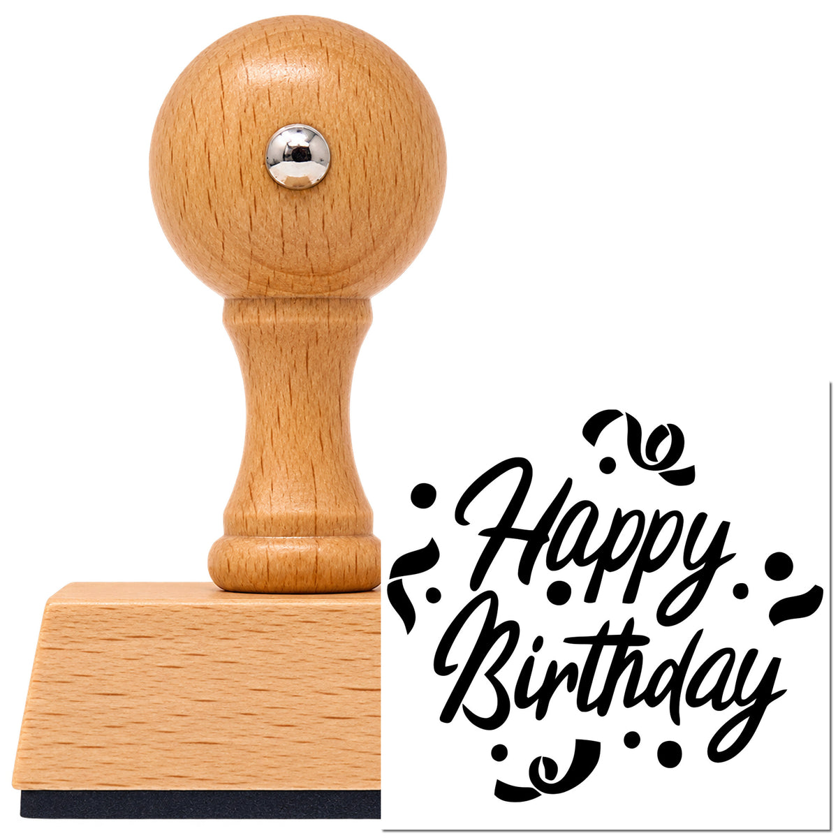 Vintage Pro beech wood stamp with a round knob handle, shown with its black Birthday Script With Curled Confetti imprint on white.