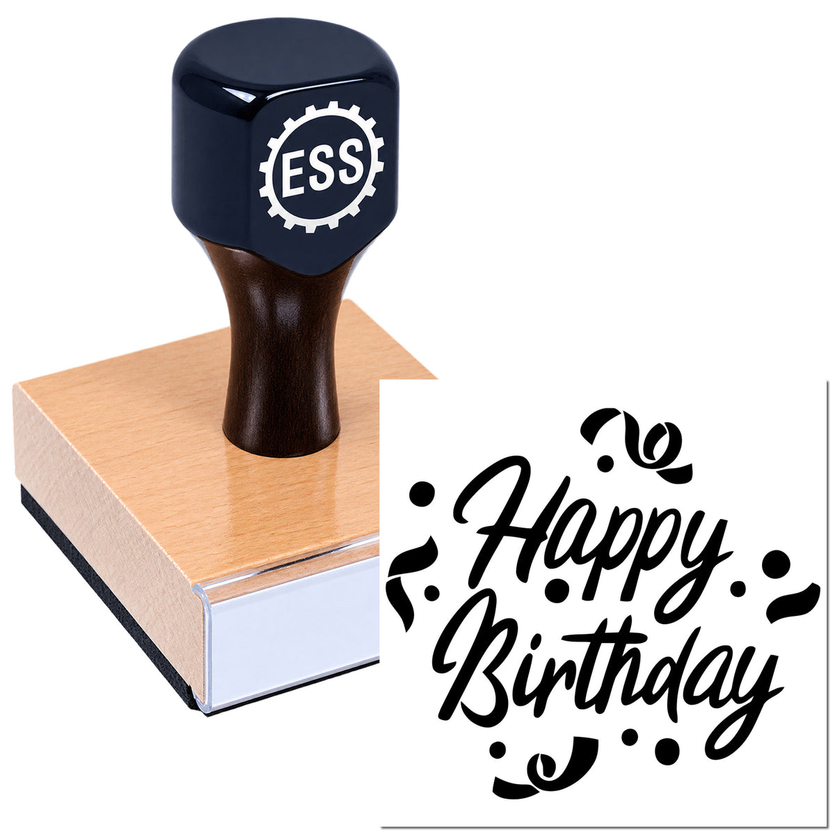 Black rubber stamp and wooden seal block with white logo, showing a decorative "Happy Birthday" imprint.