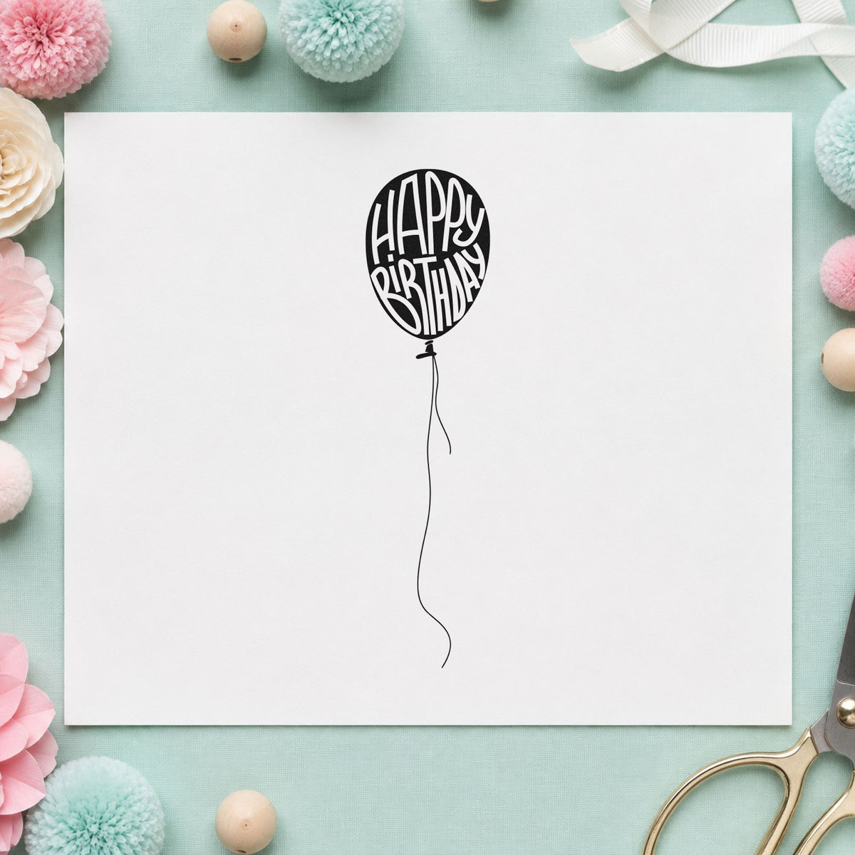 Happy Birthday Single Balloon rubber stamp printed in black ink, ready for gallery plan sheet and similar paper crafts.