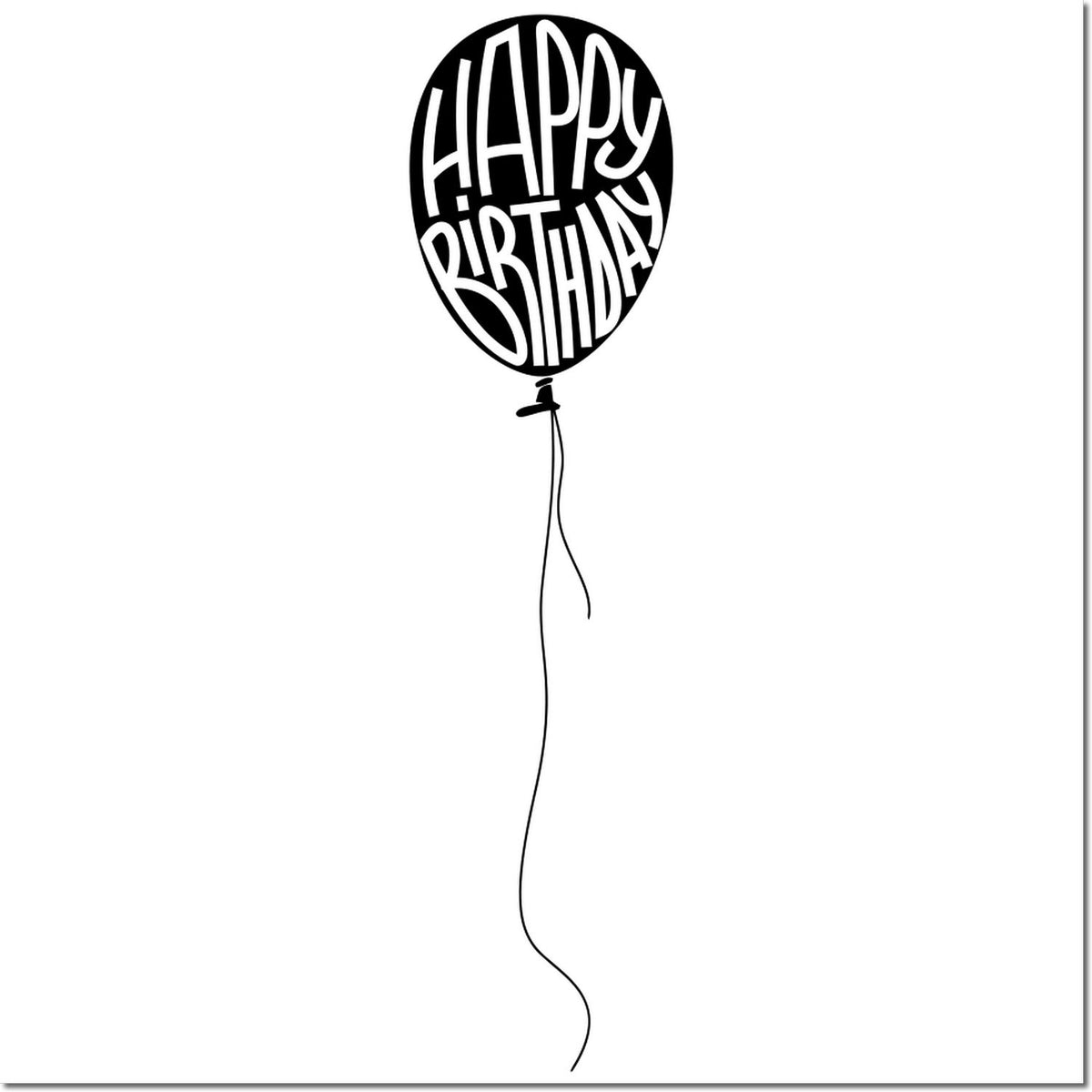 Black birthday balloon stamp with white HAPPY BIRTHDAY lettering and a long string on a white background