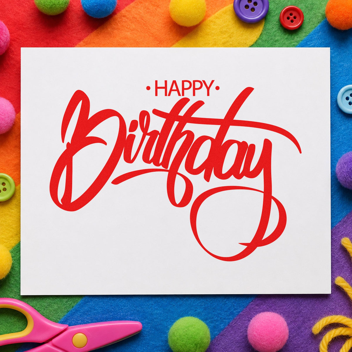 Birthday Large Loop Script rubber stamp shown in red ink, stamped for projects such as drawer brush labels.
