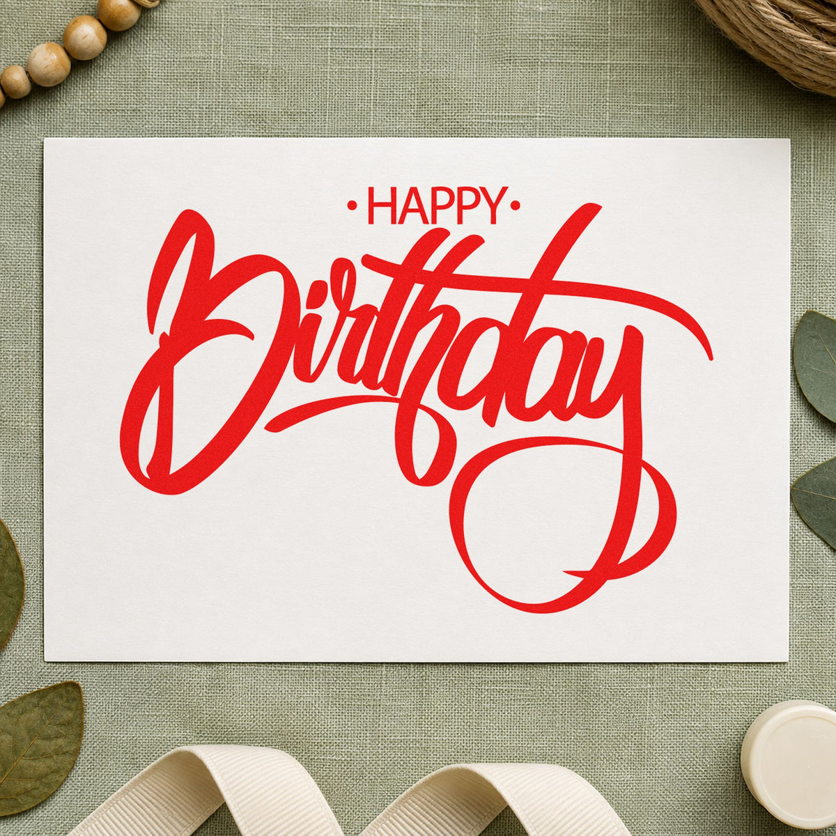 Birthday Large Loop Script craft stamp imprint in red ink on a handmade project, one idea being layout proof cards.