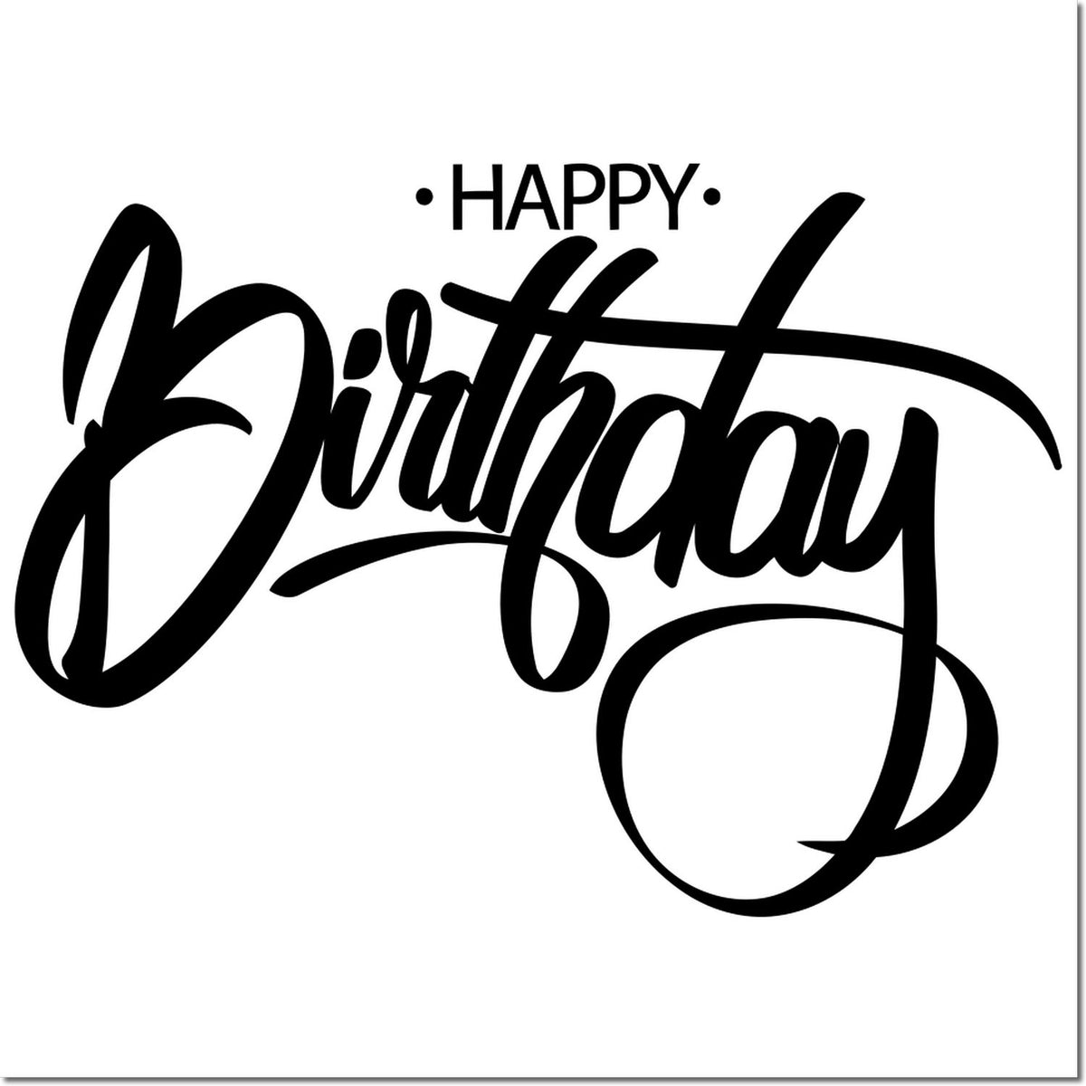 Black Happy Birthday script stamp and seal design in bold cursive on a white background.