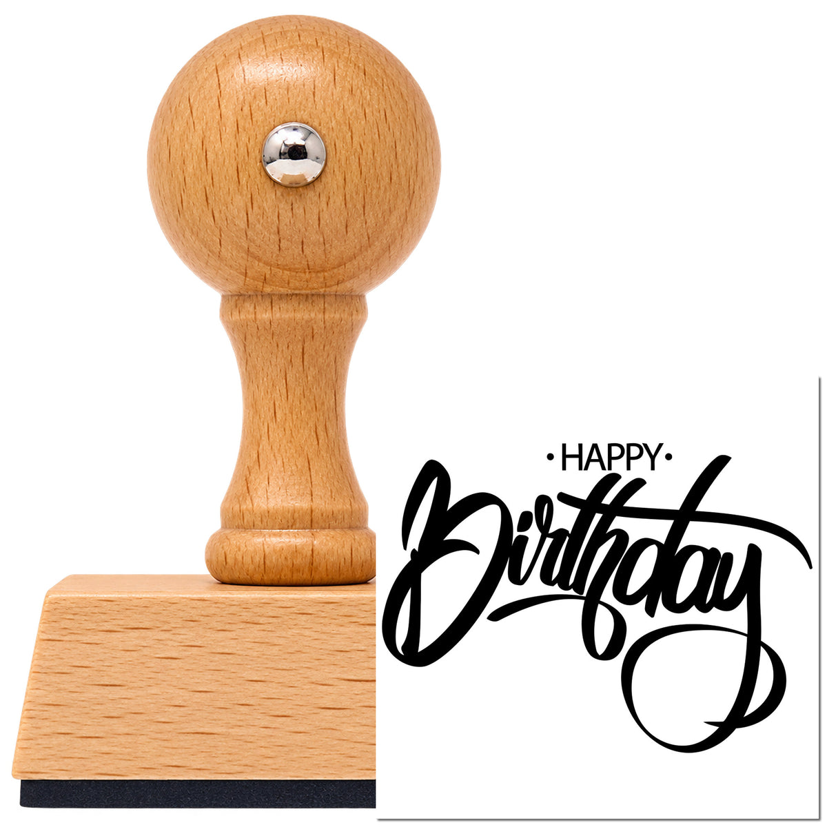 Vintage Pro beech wood stamp with a round knob handle, shown with its black Happy Birthday Brush Loop Script imprint on white.