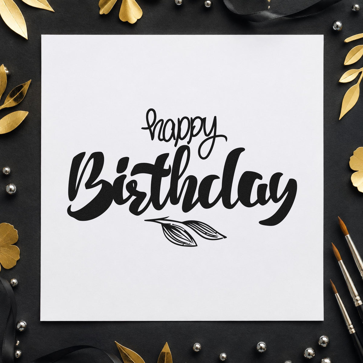 Birthday Script Leaf Sprig craft stamp in black ink on cardstock, an easy option for potted year album page.