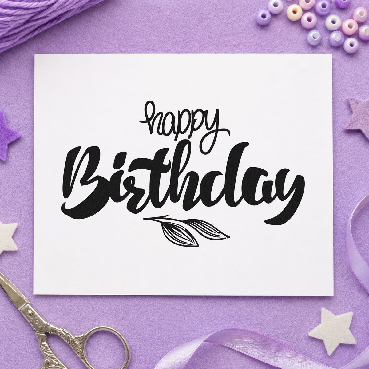 Birthday Script Leaf Sprig rubber stamp printed in black ink, ready for leafy sprig cards and similar paper crafts.