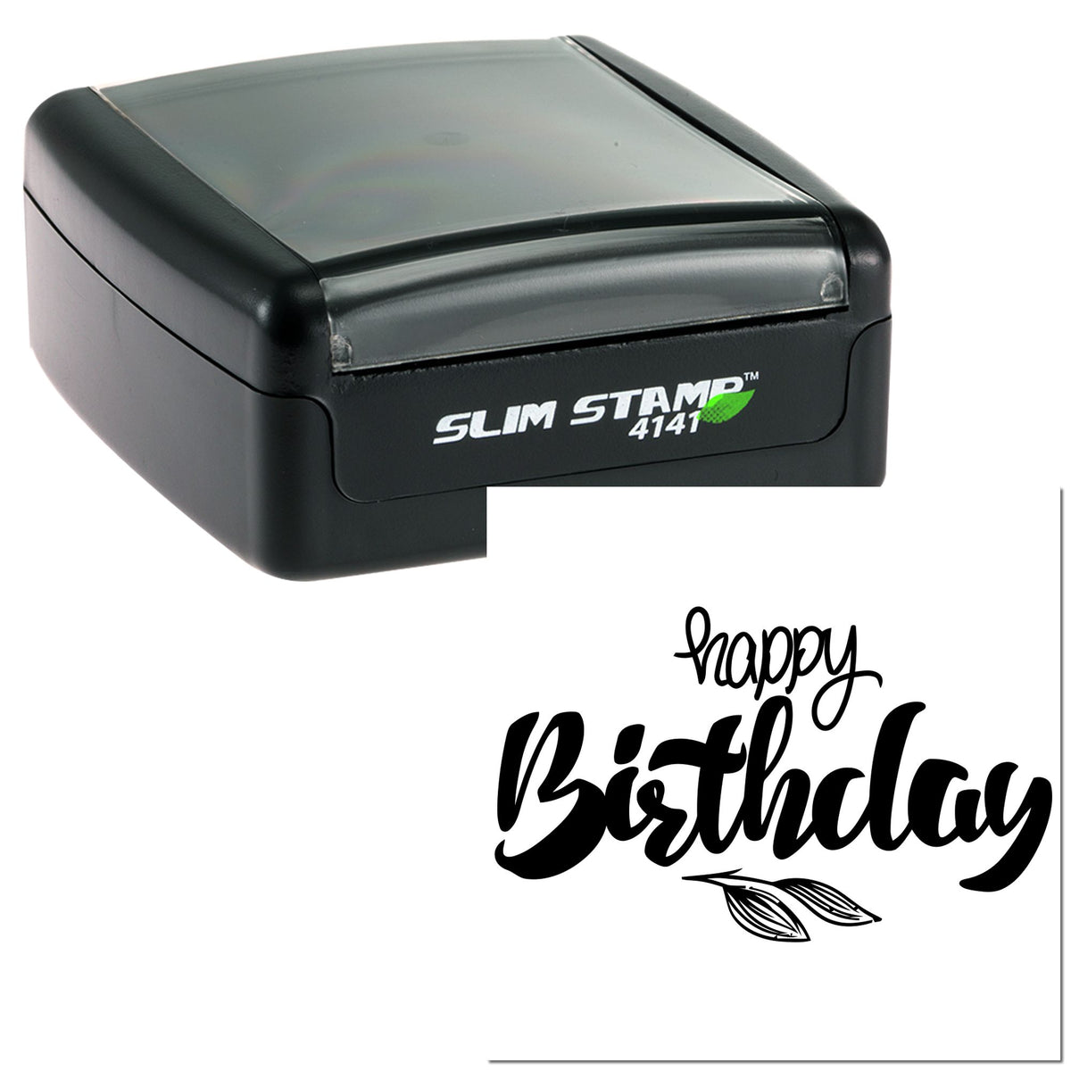 Black Slim Stamp 4141 self-inking stamp with Happy Birthday custom seal on white background