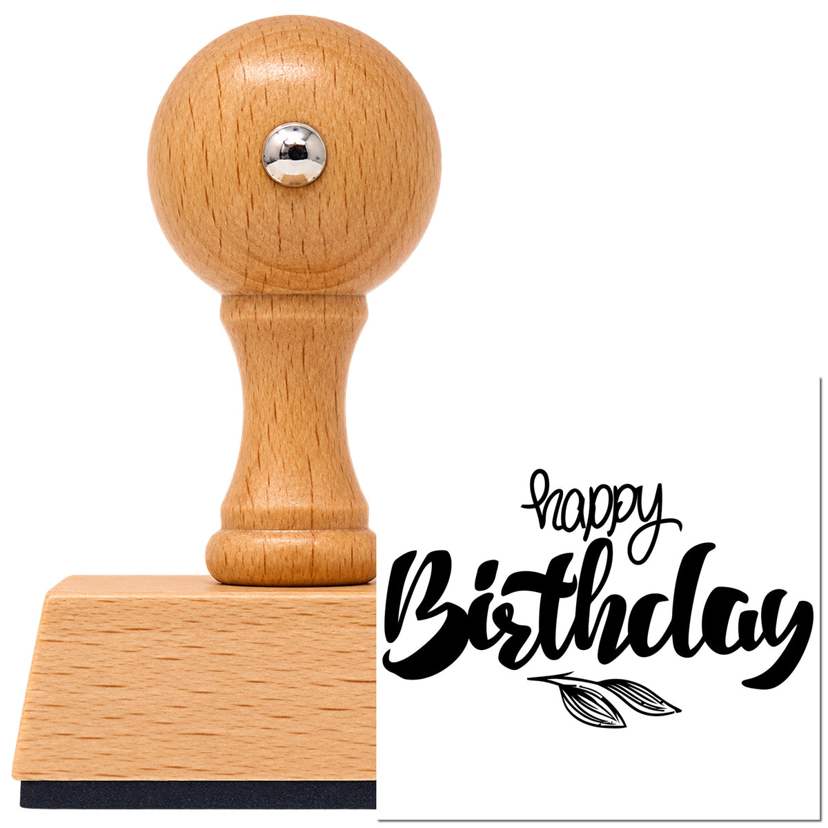 Vintage Pro beech wood stamp with a round knob handle, shown with its black Birthday Script Leaf Sprig imprint on white.