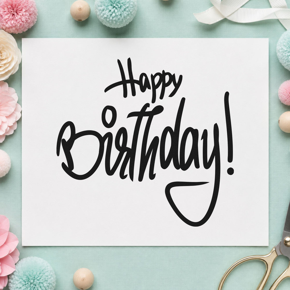Happy Birthday Tall Script craft stamp in black ink on cardstock, an easy option for vineyard album page.