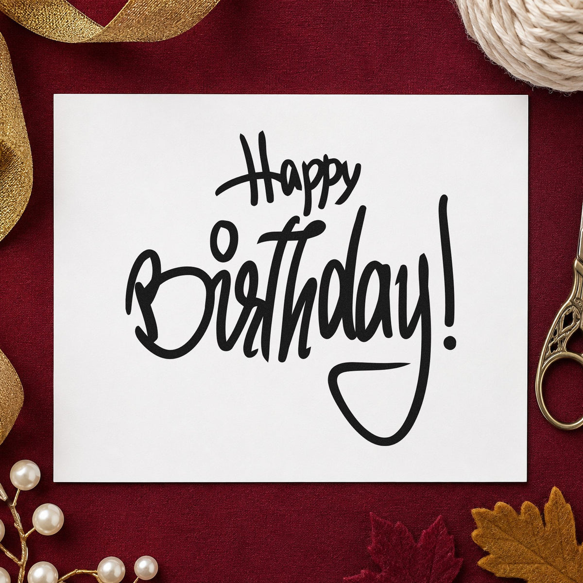 Happy Birthday Tall Script craft stamp imprint in black ink on a handmade project, one idea being bottle gift tags.