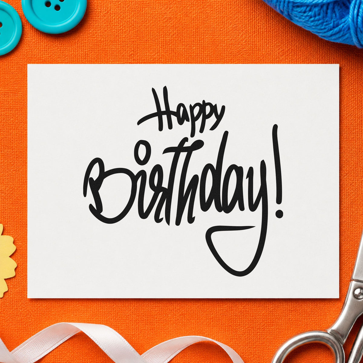 Happy Birthday Tall Script rubber stamp printed in black ink, ready for pour plan sheet and similar paper crafts.