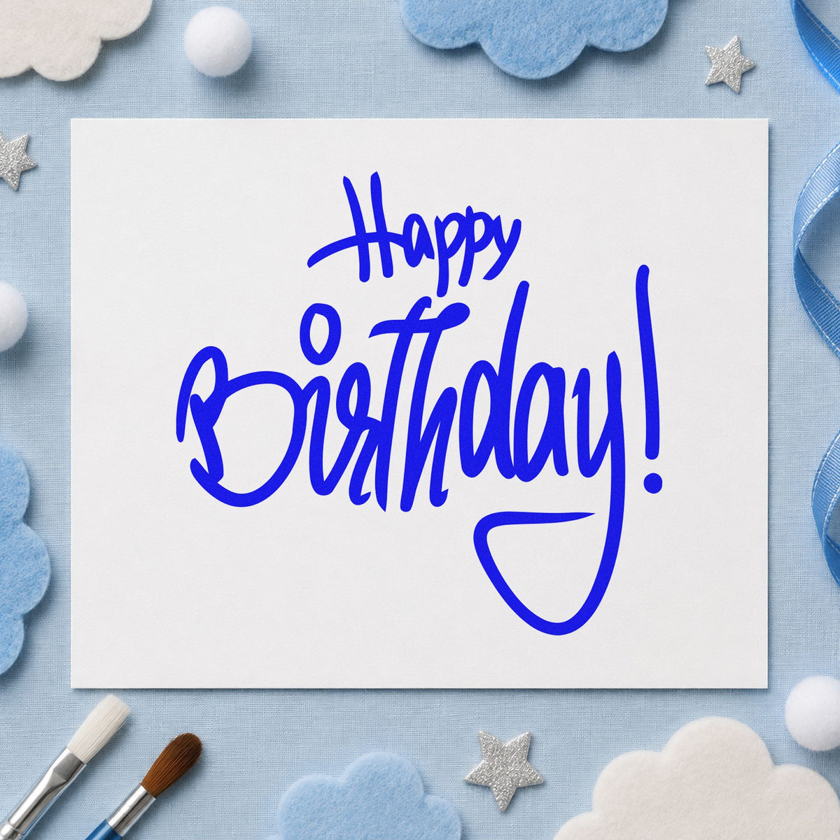 Happy Birthday Tall Script craft stamp in blue ink on cardstock, an easy option for table runner printing.