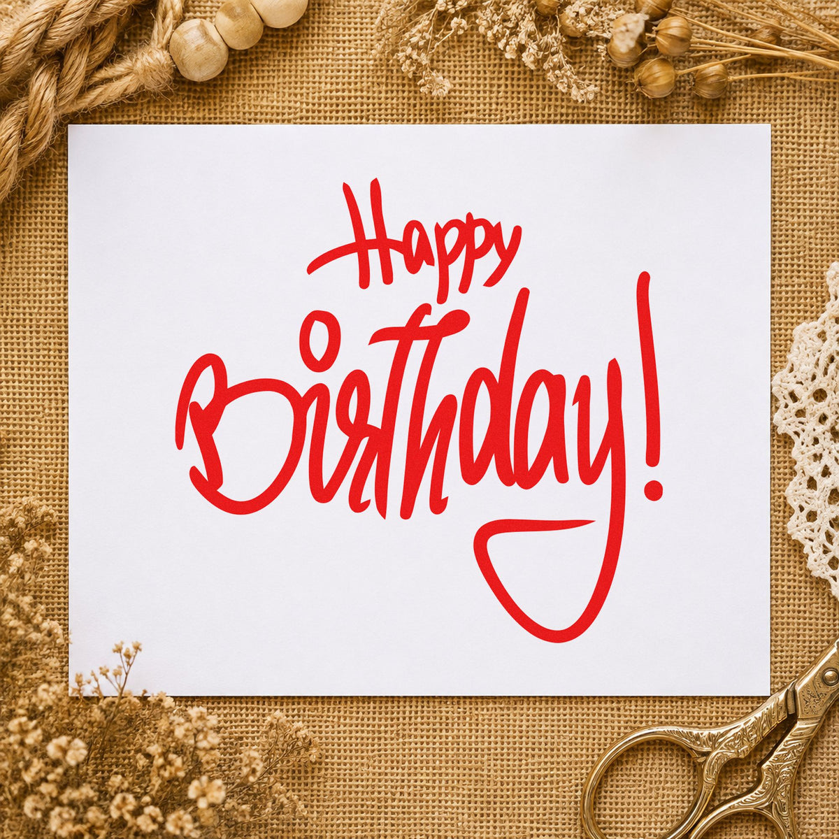 Happy Birthday Tall Script rubber stamp shown in red ink, stamped for projects such as crate bottle labels.