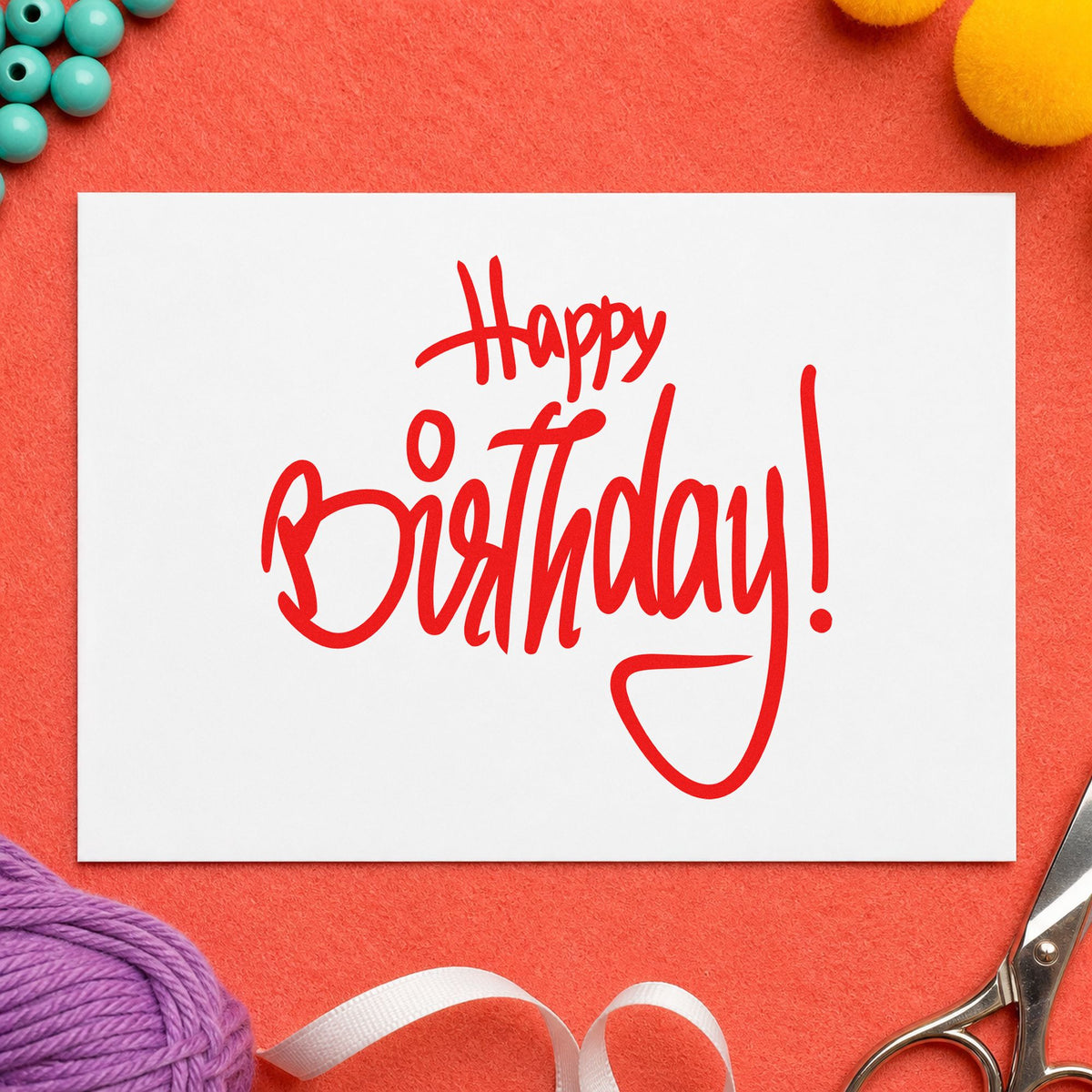 Happy Birthday Tall Script craft stamp imprint in red ink on a handmade project, one idea being tasting note cards.