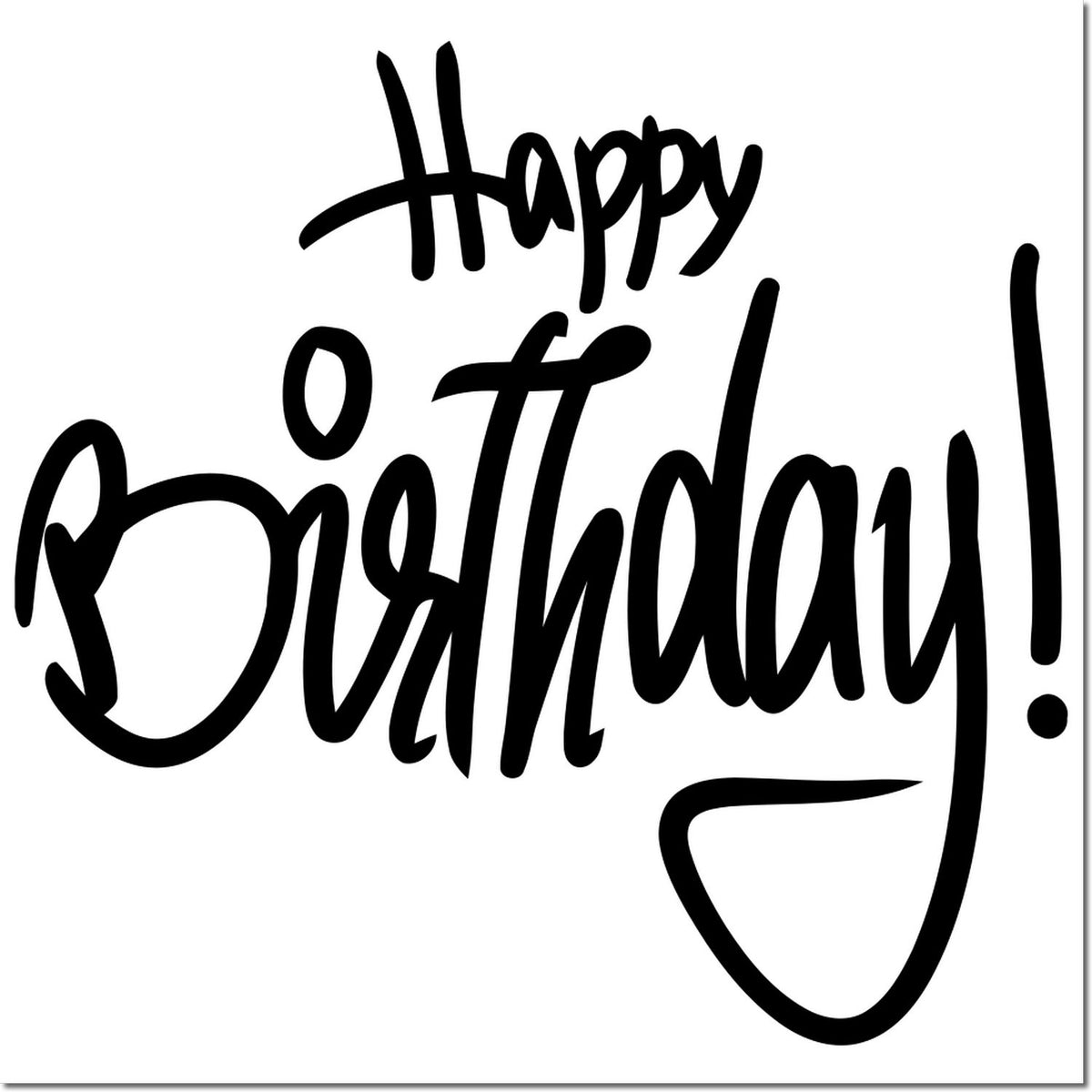 Black Happy Birthday stamp design with bold handwritten lettering on a white background for seals or greeting stamps.