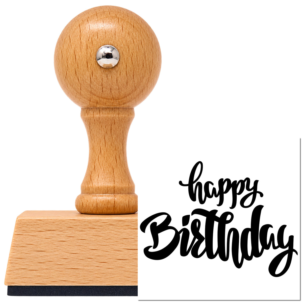 Vintage Pro beech wood stamp with a round knob handle, shown with its black Happy Birthday Heavy Script Lettering imprint on white.