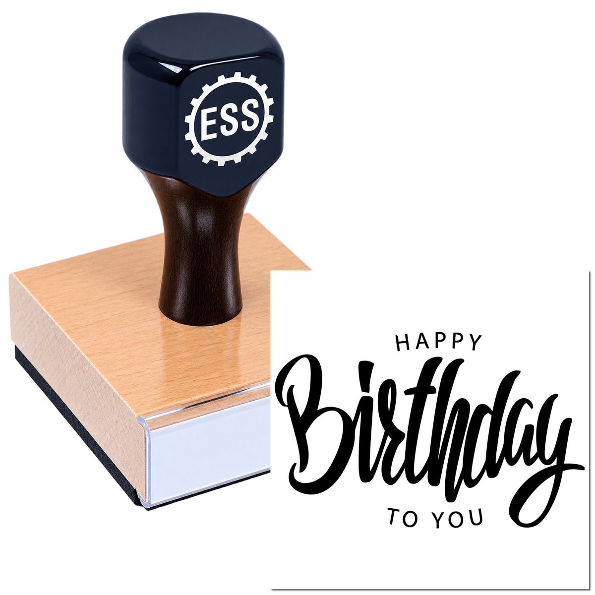 Dark navy ESS rubber stamp on wood base, showing a bold black "Happy Birthday to you" seal.